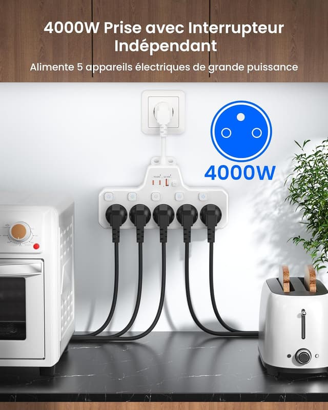 Detalle de Multiprise murale 5 prises françaises avec interrupteur individuel et USB C PD20W (blanc)