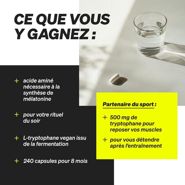 Detalle de L-Tryptophane 500 mg en gélules végétales – 240 capsules pour favoriser un sommeil plus serein