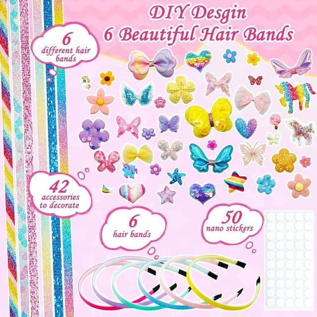 Detalle de JOYSAL cerchietto fai da te per ragazze con 6 fasce, nastri colorati e 36 ornamenti