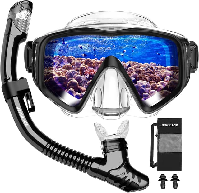 Detalle de JEMULICE Schnorchelset Erwachsene mit Tauchmaske aus gehärtetem Glas und Dry-Schnorchel