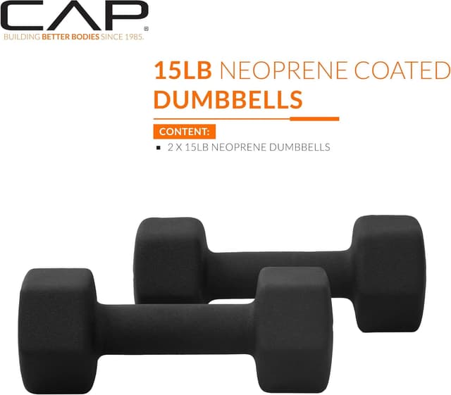 Thumbnail 1 de CAP Barbell Neoprene Dumbbell Weights (Pair), 15 lb Each, Neoprene-Coated Hex Design