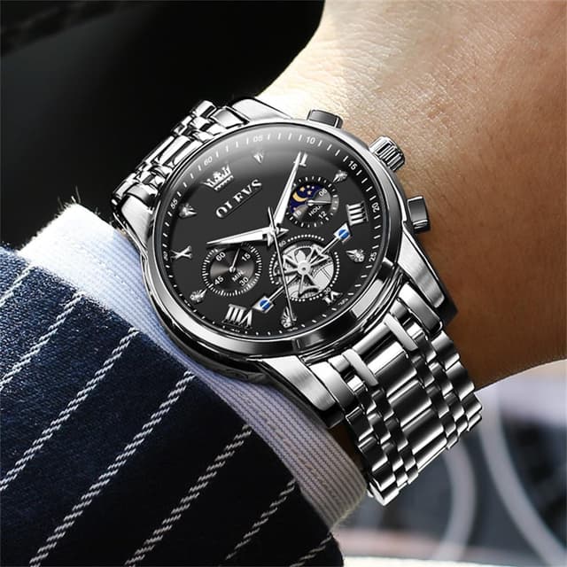 Thumbnail 6 de OLEVS Herren Chronograph Quarz-Uhr mit Analog-Anzeige, wasserdicht bis 30 m, leuchtenden Markierungen aus Edelstahl