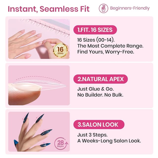 Detalle de Beetles Tipex Lite Instant Apex Nail Tips (Medium Stiletto) — 16 Sizes 00–14