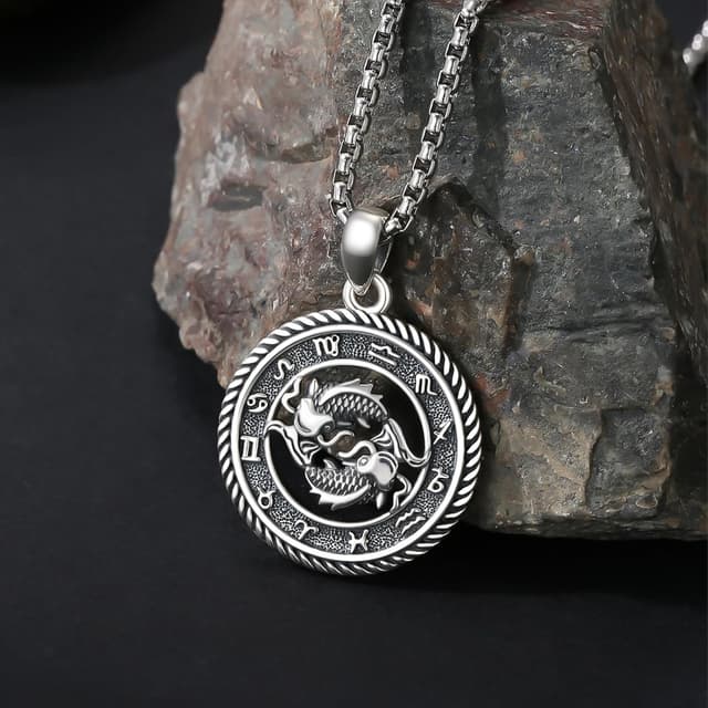 Detalle de PARYFO Sternzeichen Halskette „Fische“ mit 925 Sterling Silber Anhänger, oxidiert & Edelstahlkette