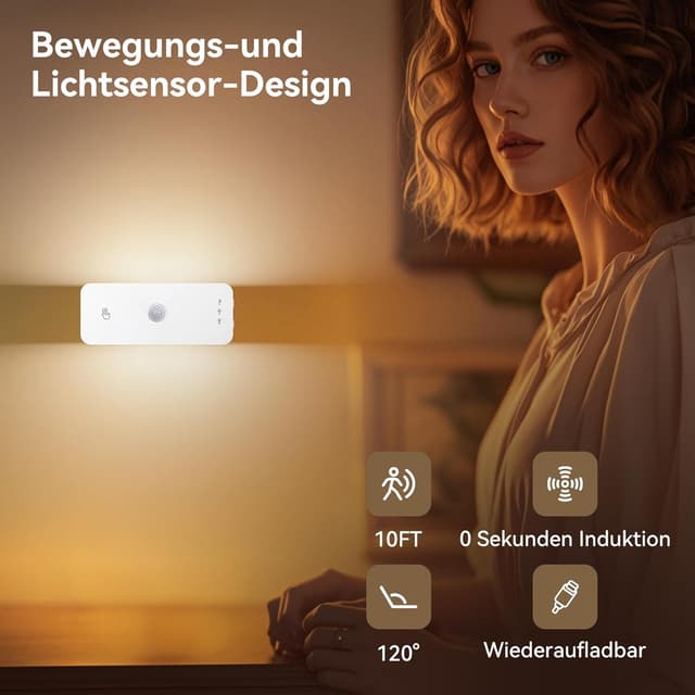 Detalle 2 de WUYOR Nachtlicht mit Bewegungsmelder für Treppe & Flur, wiederaufladbar, 3 Farbtemperaturen (3er-Set)