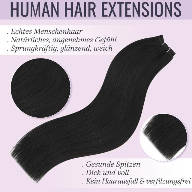 Detalle 2 de Fshine Echthaar-Haarverlängerung als Tressen (60 cm, 100 g) in Pechschwarz zum Einnähen