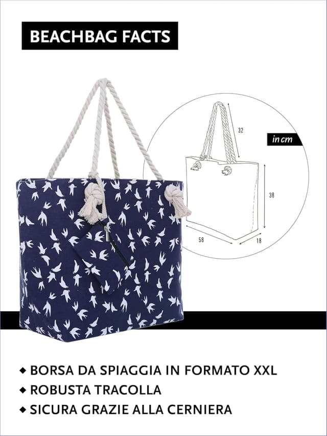 Detalle de DonDon Borsa da spiaggia grande con chiusura zip 58 x 38 x 18 cm, shopper yacht style