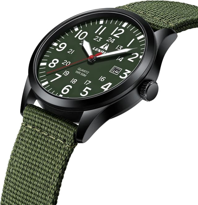 Detalle de LN LENQIN Men’s Military Analog Quartz Watch with Date & Nylon Strap (Waterproof to 3 ATM)