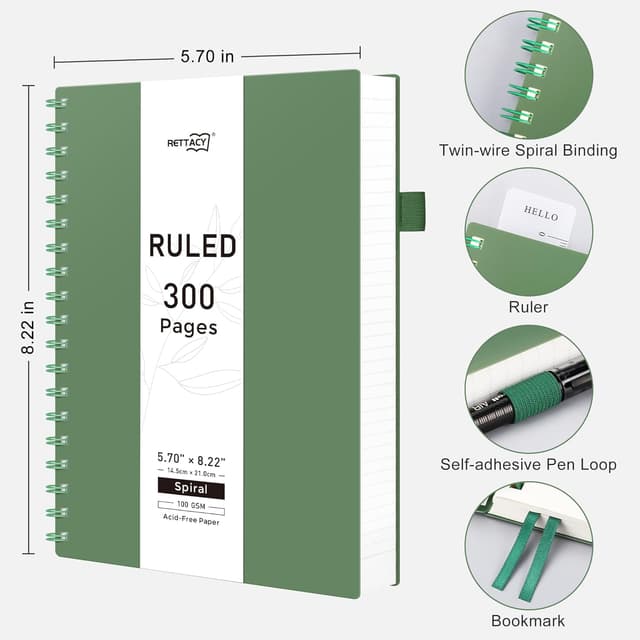 Thumbnail 6 de RETTACY A5 Wirebound Spiral Notebook (14.5 x 21cm) – Dark green, 150 sheets / 300 pages, 100gsm college-ruled
