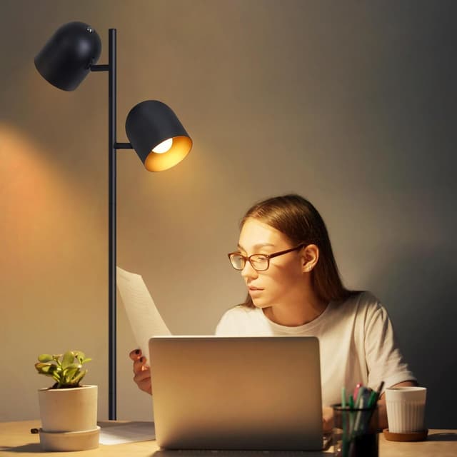 Detalle de Kowanie Vintage Stehlampe für Wohnzimmer: 2-flammig, schwarz-matt & gold, schwenkbar, E14