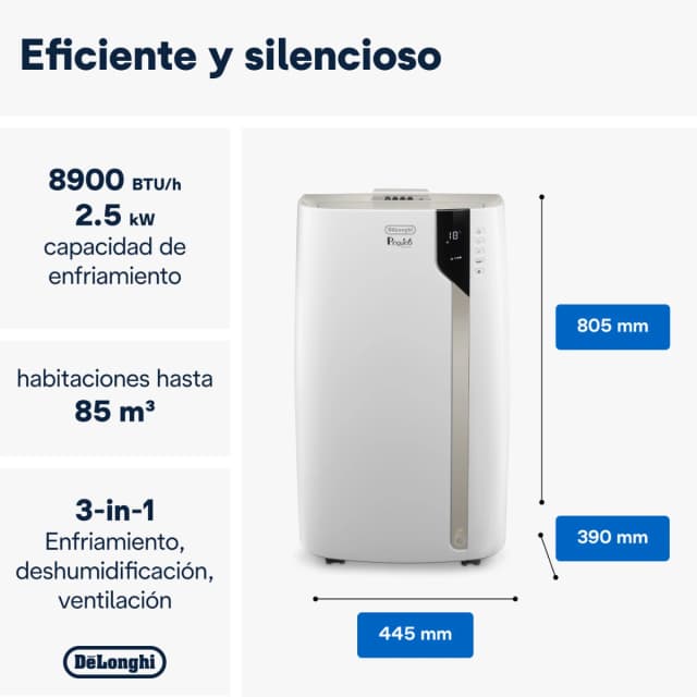 Detalle de Delonghi PAC EX93, aire acondicionado portátil 2.350 frig/h