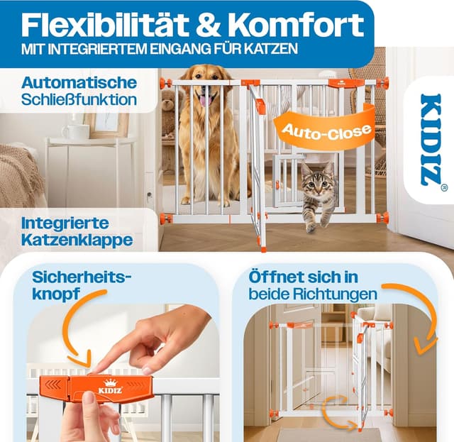 Detalle de KIDIZ Absperrgitter zum Klemmen mit Katzenklappe (Türschutzgitter), ohne Bohren – schwenkbar, Weiß/Orange, 81–87 cm