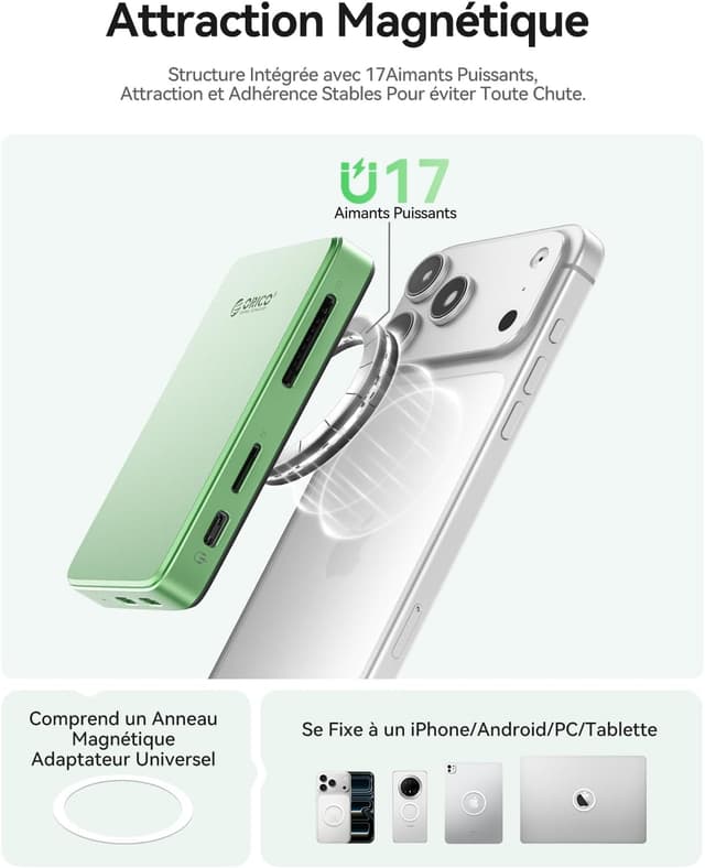 Thumbnail 6 de ORICO Boîtier M.2 NVMe Magnétique 10 Gbps avec hub USB‑C, emplacements SD/TF et charge PD 100 W (AP80F) pour iPhone 15/16/17 Pro/Max