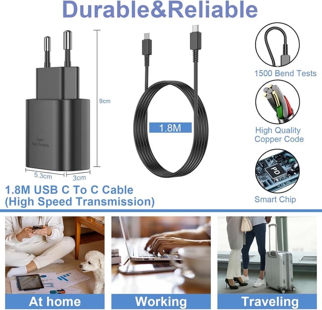 Detalle 2 de Caricabatterie USB-C Samsung 25W con doppia porta (USB-C + USB-A) e cavo USB-C da 1,8 m