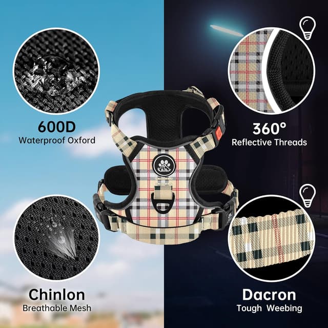 Detalle 2 de NESTROAD Hundegeschirr-Set für große Hunde (Größe L) kariert beige – mit Leine und Sicherheits-Gurt fürs Auto