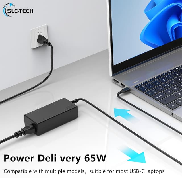 Detalle de SLE-TECH 65W USB-C Laptop Charger (Type-C) for HP Chromebook and Compatible Laptops/2-in-1s