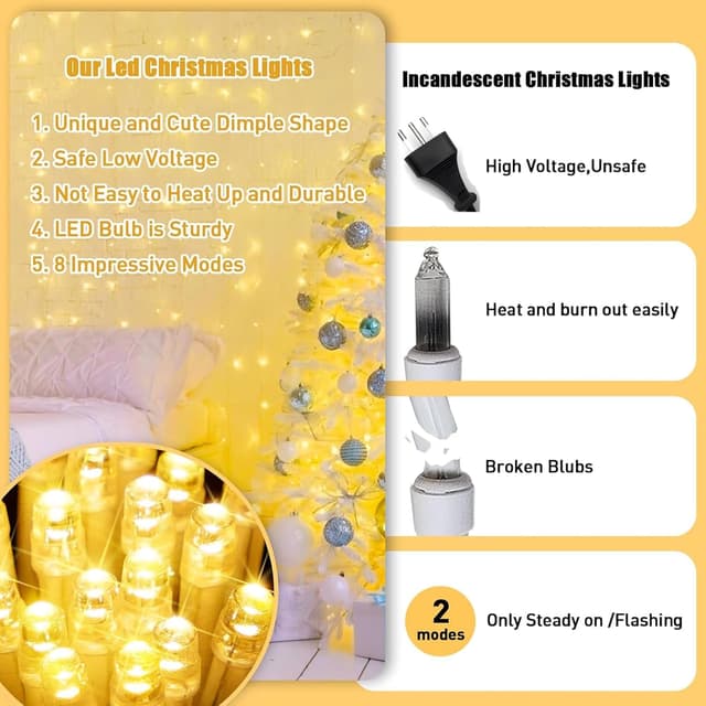 Detalle de Afaiup 200 LED Fairy Lights (82ft) Clear Wire – Warm White Twinkle Indoor/Outdoor Plug-In