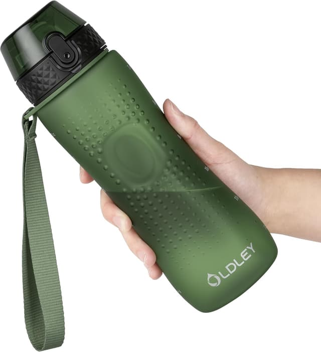 Detalle de OLDLEY 750ml/25oz water bottles with straw – BPA-free Tritan, leakproof flip-top and time markings (Army Green)