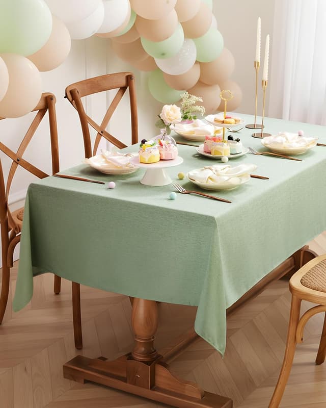 Detalle de Pureegg Rectangle Linen Tablecloth (Waterproof & Stain Resistant, Wrinkle-Free) — Sage Green, 52 x 70 Inch