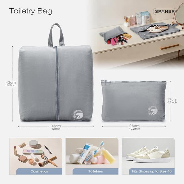 Detalle 2 de SPAHER borsone da viaggio pieghevole 40L (55x35x20 cm) con sacchetto scarpe e beauty case, grigio scuro