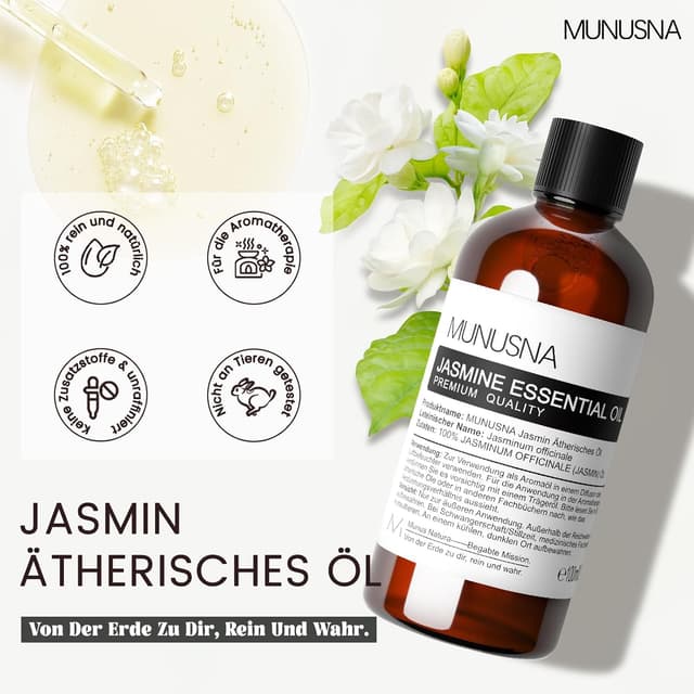 Detalle 2 de Jasminöl Ätherisches Öl 100 ml von MUNUSNA – natürlich für Diffuser, Duftlampen und DIY