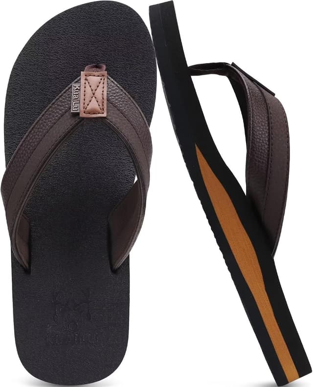 Detalle de KuaiLu men’s leather arch support flip flops with cushioned yoga foam and non-slip sole