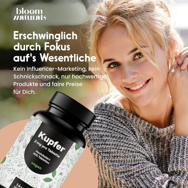 Detalle 2 de Kupfer Tabletten (400 Stück) mit 2 mg Kupfer aus Kupferbisglycinat – vegan, hergestellt in Deutschland