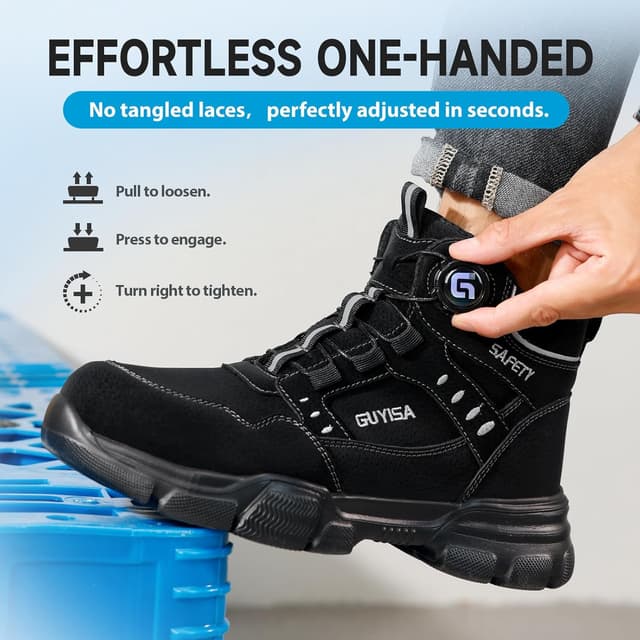 Detalle de GUSAYEX men’s lightweight steel toe cap safety boots with puncture-resistant midsole and quick swivel buckle lacing