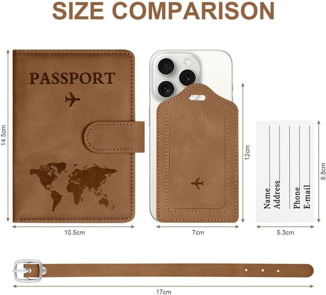 Detalle de OFFCUP Passport Holder Cover & Luggage Tag Set with RFID Blocking (PU Leather) – Brown