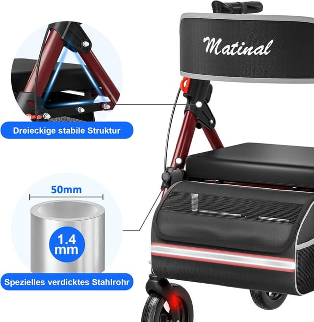 Detalle de Matinal Leichtgewicht Rollator faltbar mit Sitz – bis 160 kg belastbar, 6-fach höhenverstellbar