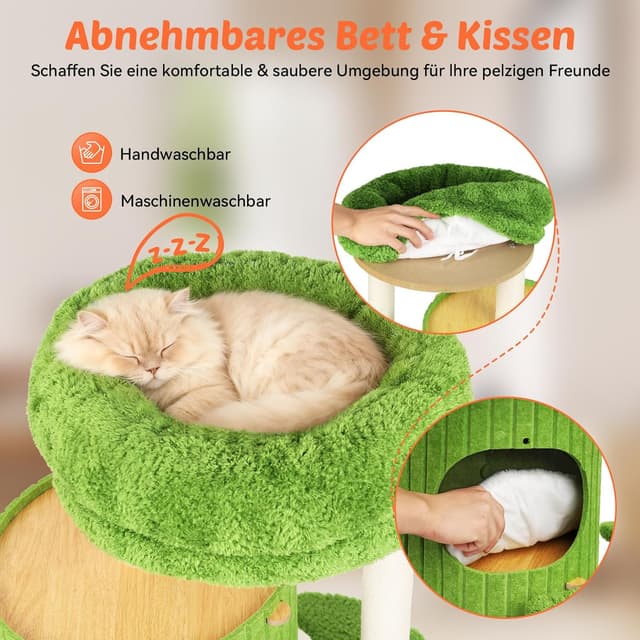 Detalle de BSWAY Luxus Kratztonne für Katzen – XXL-Kletterbaum mit Schlafhaus, Sisalbrett und abnehmbarem Bett