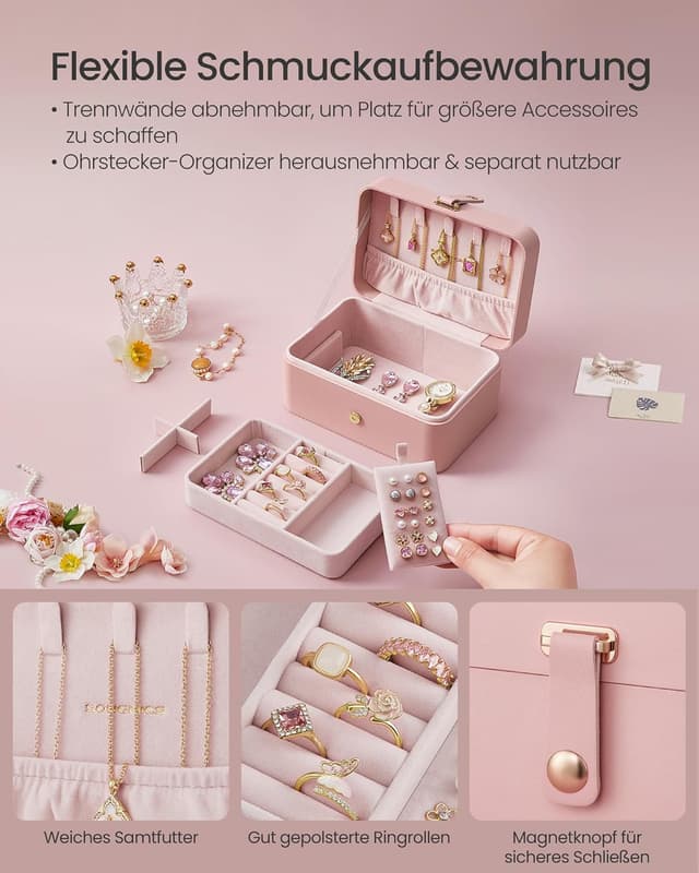 Detalle de SONGMICS Schmuckkästchen Reise JBC166R01 – kleines Schmuck-Organisationsetui mit 2 Ebenen