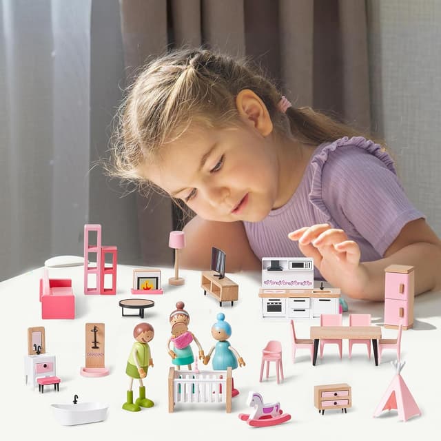 Detalle 2 de Giant bean Puppenhaus Möbel Set aus Holz (36-teilig) – Rosa, Puppenhaus-Zubehör für Kinder ab 3 Jahren