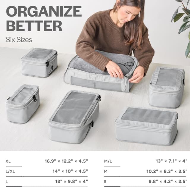 Detalle de Aerotrunk Aerotrunk Compression Packing Cubes (6-Pack) for Travel Luggage Organizers with Double Zippers, Light Grey