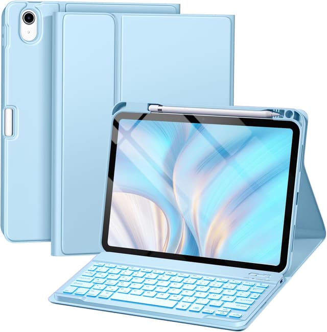 Detalle de drivego Hülle mit Tastatur für iPad 11. und 10. Generation (A16/A10) mit 7-farbiger Beleuchtung, Magnet-Tastatur und Stifthalter