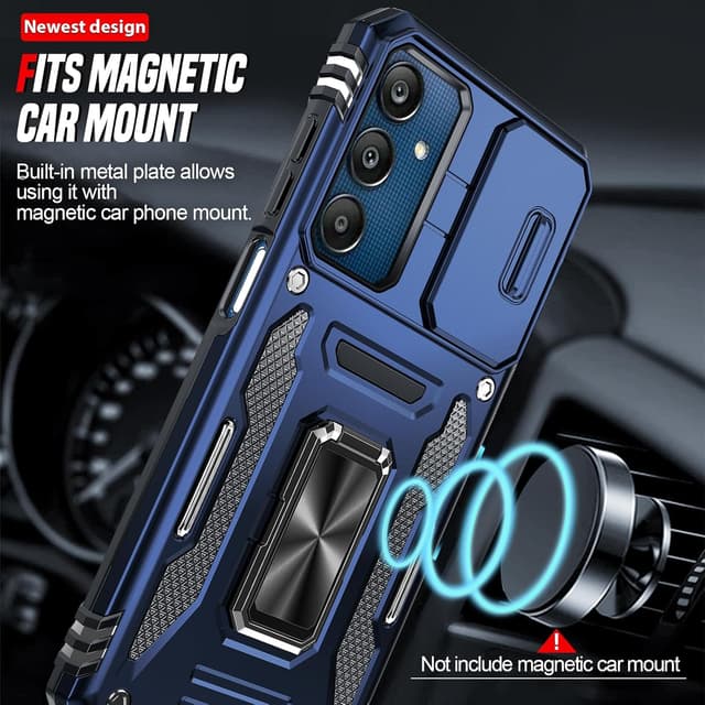 Detalle 2 de LeYi Tough Defender case for Samsung Galaxy A25 5G with sliding camera lens cover and rotated ring stand (navy blue) + 2 screen protectors