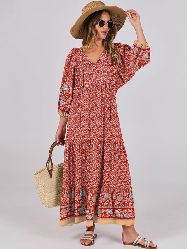 Detalle 2 de ANRABESS Boho Maxi Dress: Floral V-Neck Flowing Swing 🌺