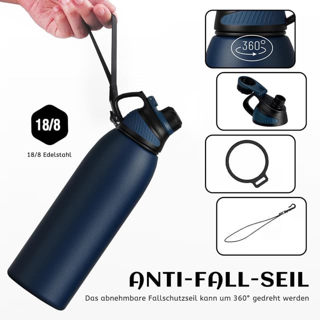 Detalle de FJbottle Edelstahl-Sporttrinkflasche mit magnetischem Deckel, auslaufsicher (1.000 ml, 800 ml, 600 ml, 400 ml)