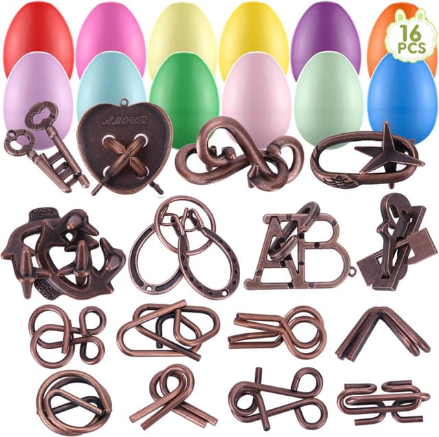 Detalle de 16-Pack Easter Eggs Filled with Brain Teaser Puzzles (Plastic Eggs + Metal Wire/3D Block Puzzles)