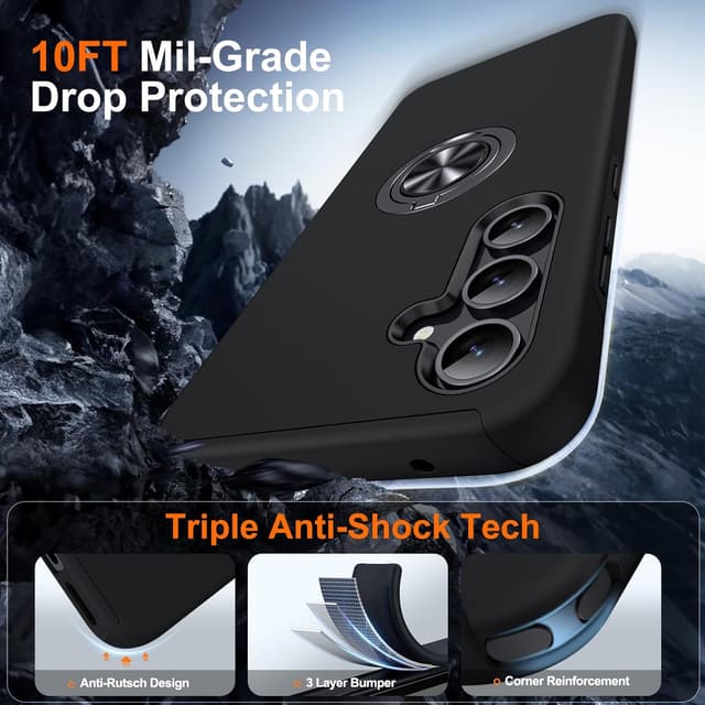 Detalle de AOUIA Samsung Galaxy A55 5G case with 2 screen protectors, 360° ring kickstand and military-style drop protection (Black)