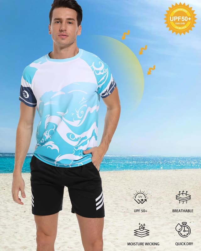 Detalle 2 de VAYAGER Rash Guard anti-UV UPF 50+ manches courtes pour hommes (séchage rapide, coupe décontractée)