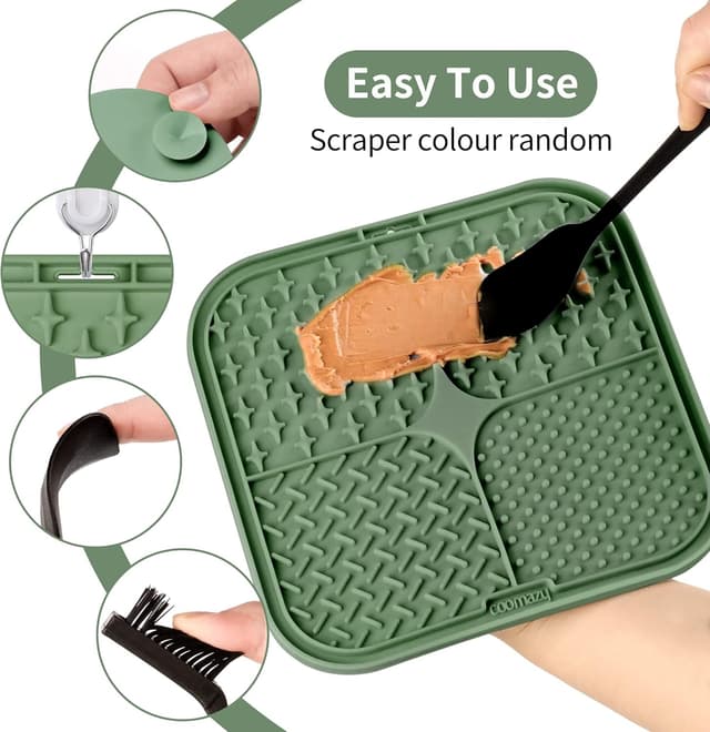 Detalle de Coomazy Leckmatte für Hunde (2er Set) mit Silikonspatel und Bürste – Slow Feeder Leckmatte zur Fellpflege & Beruhigung