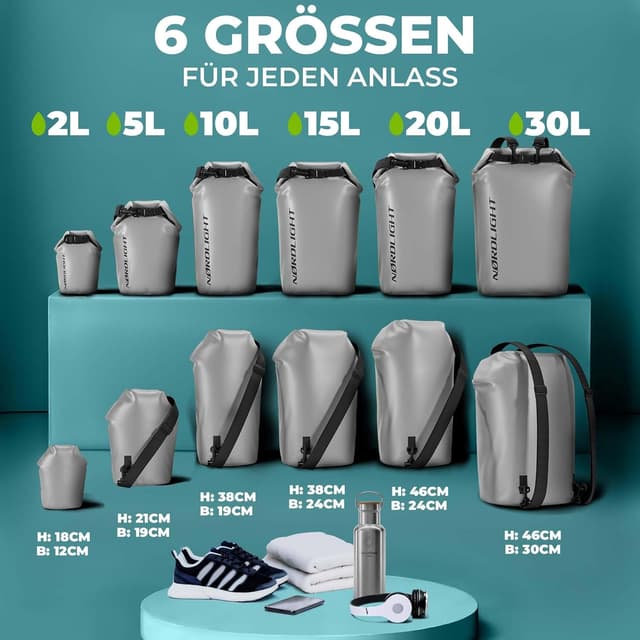 Detalle de Nordlight Dry Bag wasserdichte Tasche mit Roll-Top und Schultergurt – 2/5/10/15/20/30 Liter