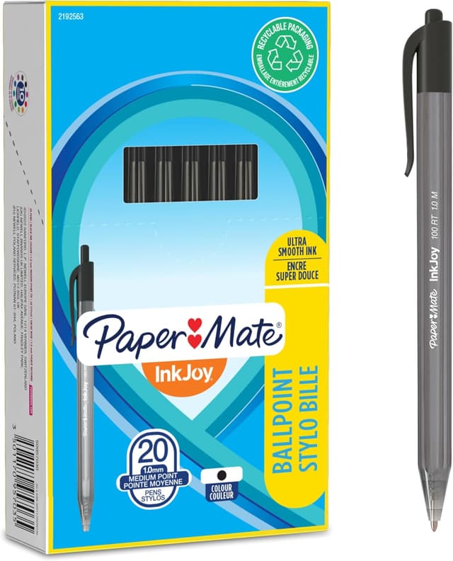 Detalle de Paper Mate InkJoy 100RT Retractable Ballpoint Pens (Medium 1.0mm) – Black, 20 Pack