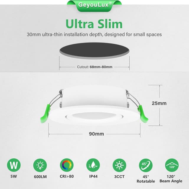Detalle de GeyouLux LED Einbaustrahler 230V dimmbar 68 mm (6er-Set) mit 3CCT, IP44 und 45° schwenkbar