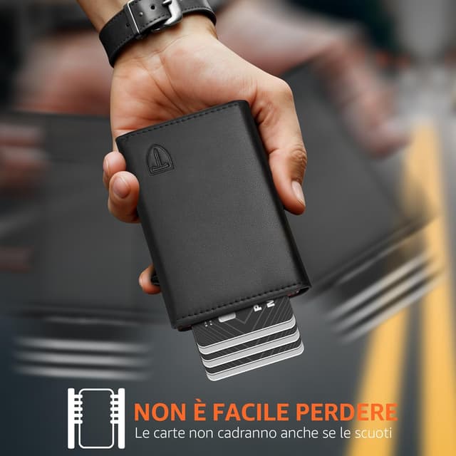 Detalle de TEEHON Portafoglio Uomo Slim con RFID, pop-up carte, portamonete e scomparto banconote (arancione/nero)