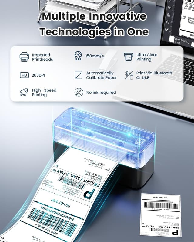 Detalle de Phomemo 241BT Bluetooth 4x6 Wireless Thermal Shipping Label Printer for Small Business (Black)