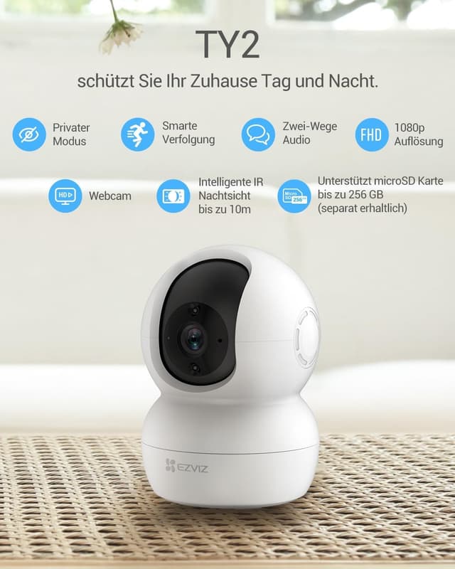 Detalle de EZVIZ WLAN IP-Kamera TY2 (Innen, schwenkbar, 1080P) – Zwei-Wege-Audio, IR-Nachtsicht & Alexa-Babyphone kompatibel