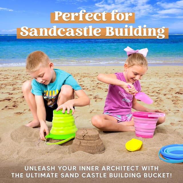 Detalle de JOYIN 3-teiliges Set faltbarer Eimer mit Schaufeln & Netztasche (blau/rosa/grün) – Strandspielzeug & Campinghelfer