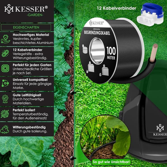 Detalle 2 de KESSER® Begrenzungskabel 100 m inkl. 12 Kabelverbinder – Universal für Mähroboter & Rasenmäher